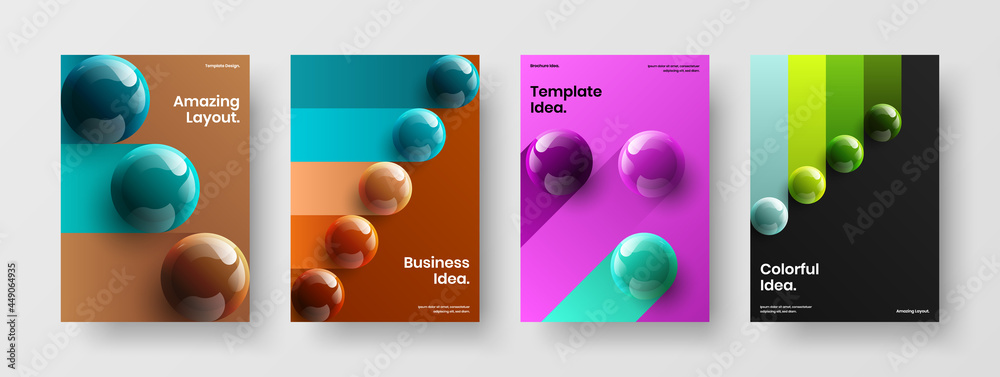 Creative 3D balls postcard layout bundle. Modern booklet A4 design vector template composition.