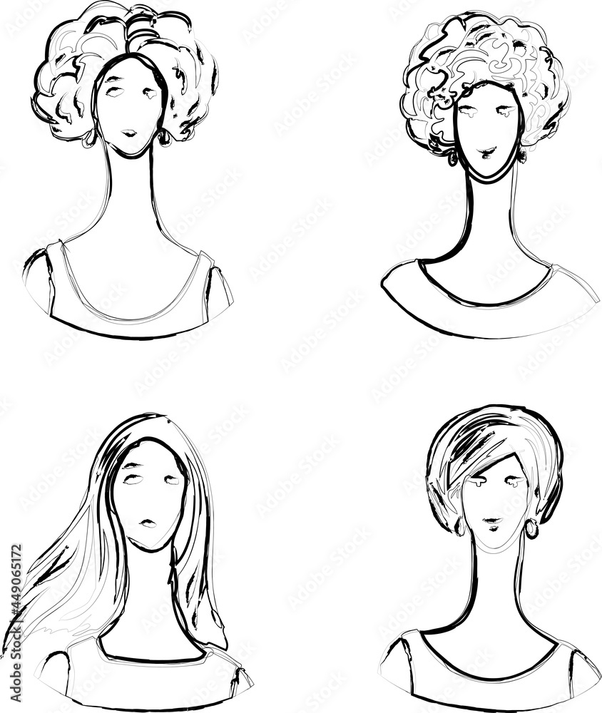 Vector contour drawings of portraits various young modern women Vector contour drawings of portraits various young modern women
