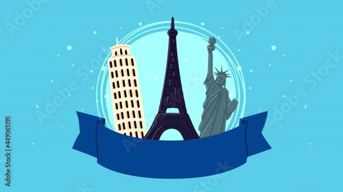 bon voyage animation with landmarks in ribbon photo