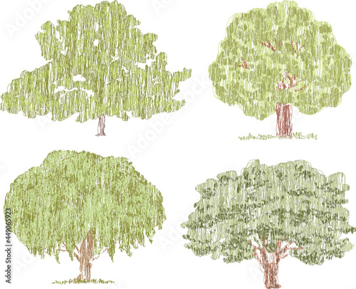 Vector doodle drawings of various deciduous trees in summer