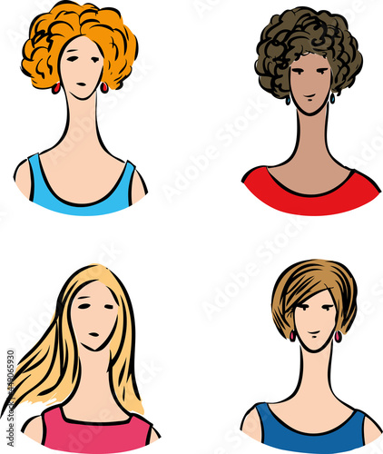 Vector drawings of portraits various young pretty modern women