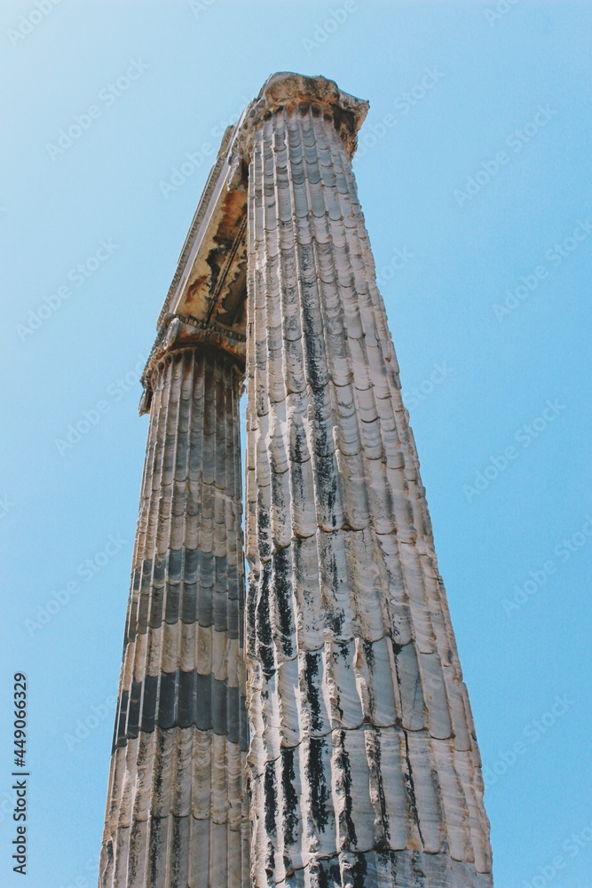 Low angle image of historic antique Apollo Temple columns in Didym Aydın Turkey 