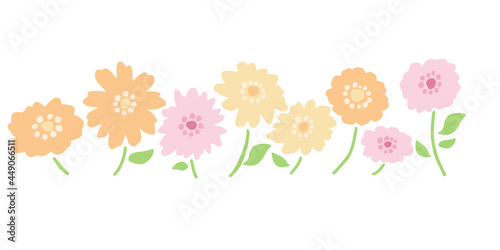 手書きタッチの草木と花。横一列に並んだ花のイラスト。マーガレット。
