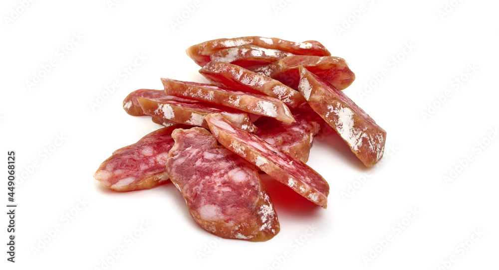 Dry-cured sausage with mold. Traditional fuet sausage, isolated on white background. High resolution image. Dry-cured sausage with mold. Traditional fuet sausage, isolated on white background. High resolution image.