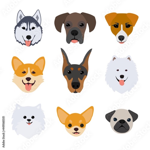 Dog head icons. Vector FLAT illustration isolated on white background.