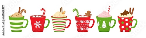 Christmas cups with drinks. Hot chocolate vector. Holiday mug icon, cocoa or coffee, and cream. Candy cane, cinnamon sticks, marshmallows. Winter illustration