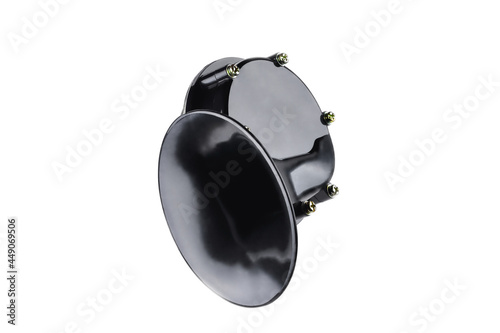 electric horn for car, snail shaped horn, isolate on white background, close-up