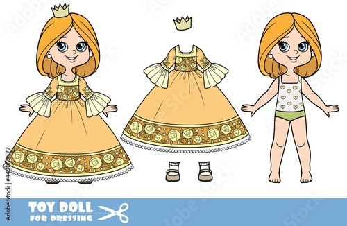 Cartoon girl with bob hairstyle in underwear , dressed and clothes separately -  t-shirt with a penguin, denim breeches and sandals doll for dressing