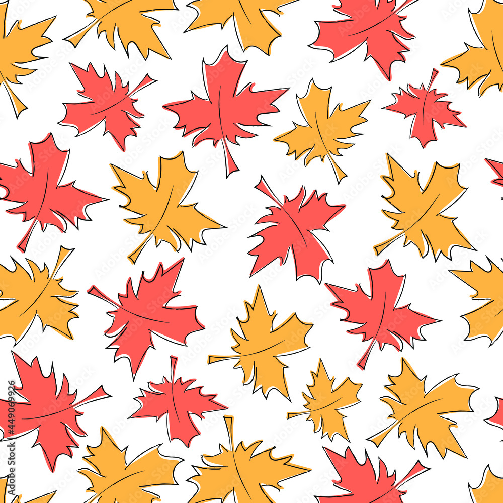 Maple autumn leaves seamless pattern. Colorful doodle. Trendy hand drawn style. Vector illustration Maple autumn leaves seamless pattern. Colorful doodle. Trendy hand drawn style. Vector illustration