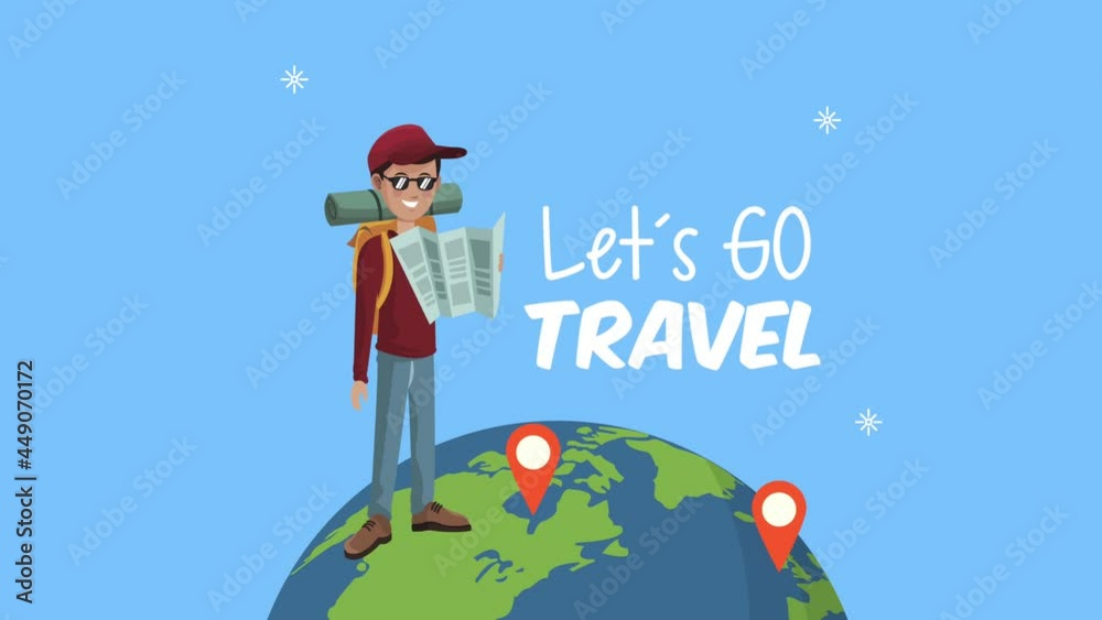 lets go travel lettering with tourist in earth planet