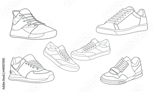 set of 5 outline Cool Sneakers. Shoes sneaker outline drawing vector, Sneakers drawn in a sketch style, sneaker trainers template outline, Set Collection. vector Illustration.