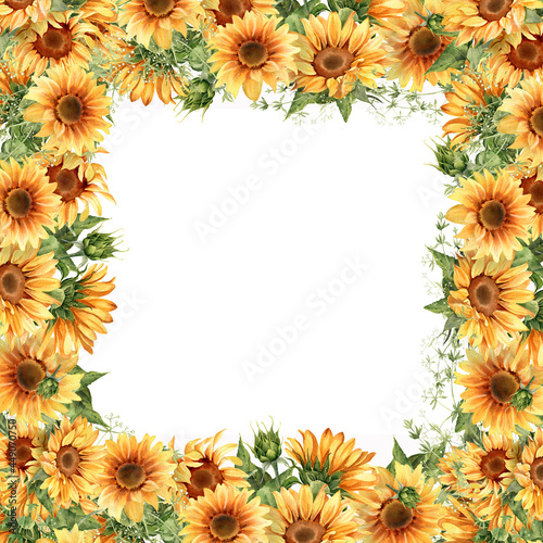 Sunflower banner. Watercolor floral frame. Yellow flowers for rustic wedding invitation, thanksgiving decoration, save the date card, fall design ets. Illustration isolated on white background © Nataliya Kunitsyna
