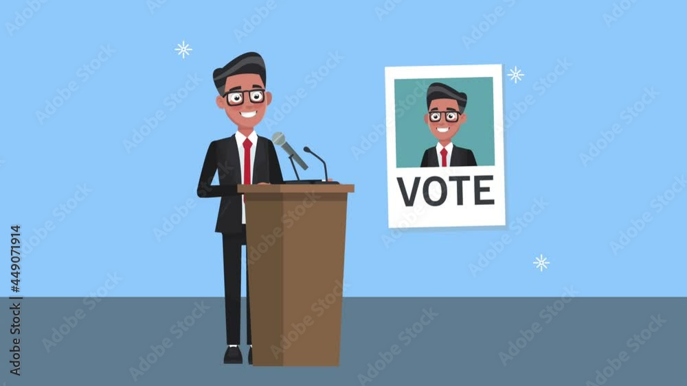 male candidate speaking in podium and poster