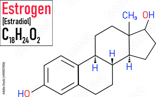 Estradiol (estrogen) female sex hormone molecule. Skeletal formula