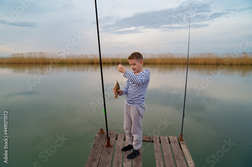A kid boy on a wooden bridge and catches a fish on fishing rod. 