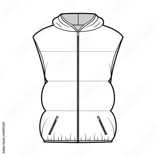 Fotografija Down vest puffer waistcoat technical fashion illustration with hoody collar, zip-up closure, pockets, hip length, wide quilting