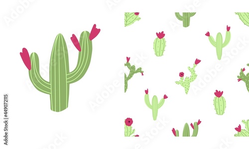 Cactus seamless pattern on white background. Nursery childish illustration in cartoon hand drawn style with colorful cacti and flowers
