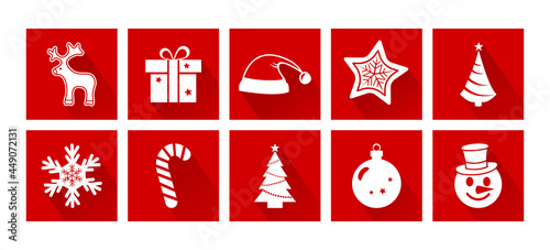 Christmas cartoon vector icons. New Year. Holiday decotarion set, red and white colors. Greeting illustration photo