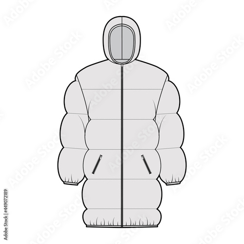 Down puffer jacket coat technical fashion illustration with hoody collar, zip-up closure, pockets, oversized, thigh length, wide quilting. Flat template front, grey color style. Women, men, CAD mockup