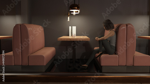 Illustration of a woman sitting alone in a booth looking at the menu on a table.