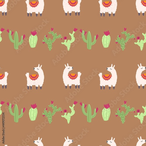 Lama alpaca seamless pattern with cactus. Vector illustration of nursery characters in cartoon hand drawn doodle childish style