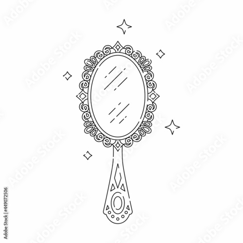 Magic mirror line vector illustration. Linear style. Black monochrome design isolated on white background. Magic, witchcraft tools.