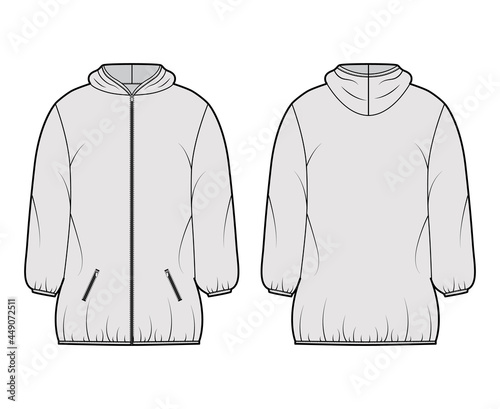 Down puffer coat jacket technical fashion illustration with long sleeves, hoody collar, zip-up closure, boxy fit, thigh length. Flat template front, back, grey color style. Women, men top CAD mockup