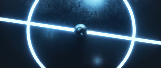 Futsal ball in the center of a futuristic indoor soccer field, view from above background