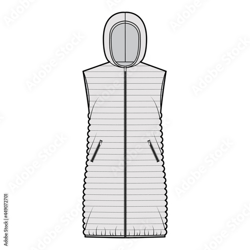 Down vest puffer waistcoat technical fashion illustration with sleeveless, hoody collar, thigh length, narrow quilting. Flat template front, grey color style. Women, men, unisex top CAD mockup
