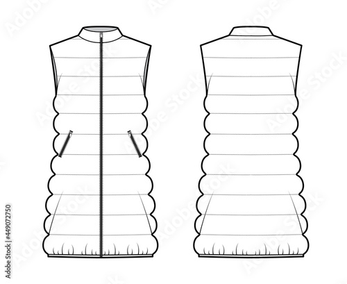 Down vest puffer waistcoat technical fashion illustration with stand collar, zip-up closure, loose body, thigh length. Flat template front, back, white color style. Women, men, unisex top CAD mockup