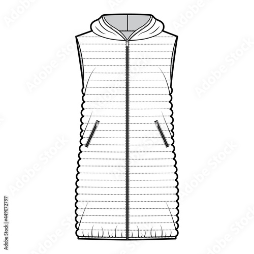 Down vest puffer waistcoat technical fashion illustration with sleeveless, hoody collar, pockets, thigh length, narrow quilting. Flat template front, white color style. Women men unisex top CAD mockup