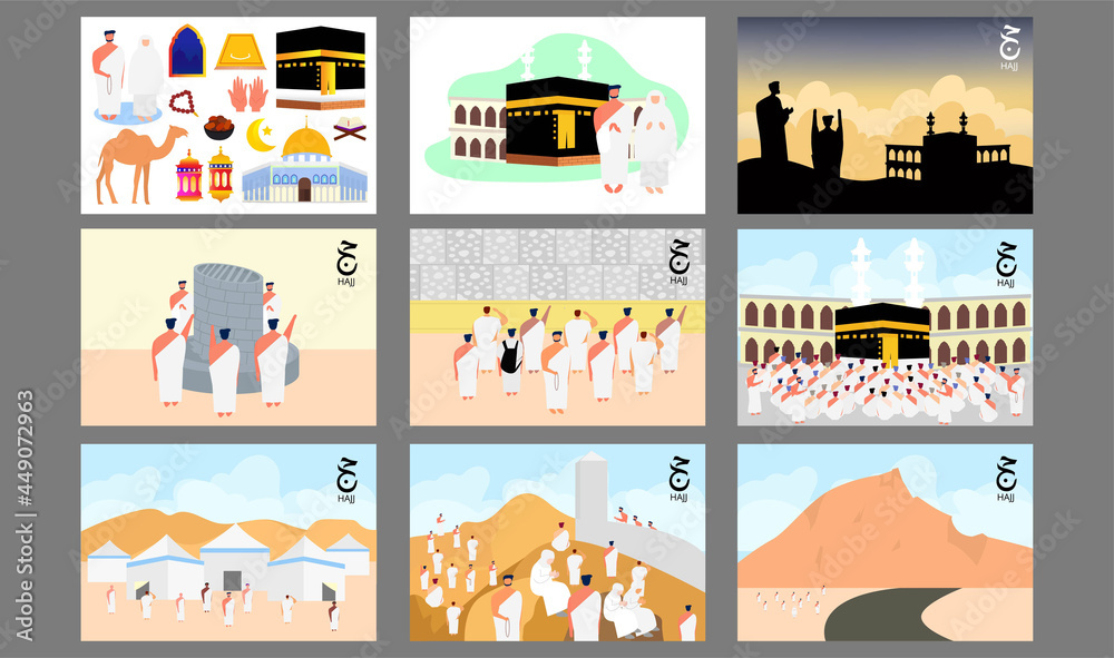 Set of Hajj pilgrm and umbroh people bundles collection. Eid adha mubarak with tiny people character design concept Hajj and Umrah season