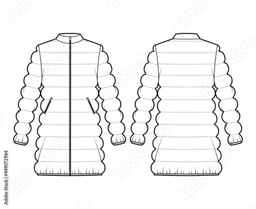 Down puffer coat jacket technical fashion illustration with long sleeves, stand collar, pockets, oversized, thigh length. Flat template front, back, white color. Women, men, unisex top CAD mockup