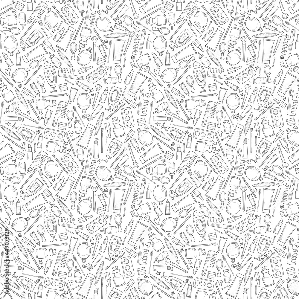 Seamless pattern on the theme of beauty and fashion. Background for use in design, packing, textile, fabric. Glamour fashion vogue style. Black outlines isolated on white background.Vector.