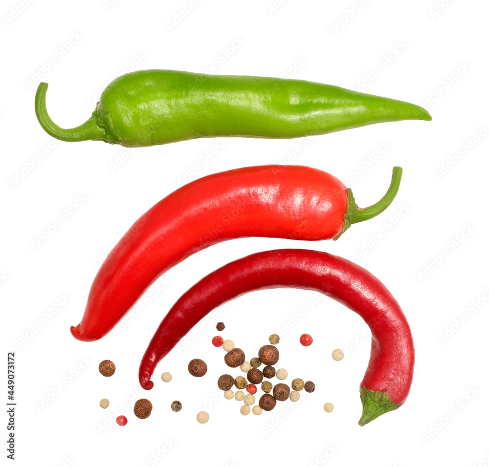 Fototapeta premium Red and green hot chili peppers and peppercorns on white isolated background