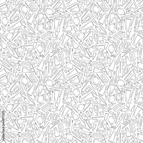 Seamless pattern on the theme of beauty and fashion. Background for use in design  packing  textile  fabric. Glamour fashion vogue style. Black outlines isolated on white background.Vector.