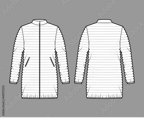 Down puffer coat jacket technical fashion illustration with long sleeves, stand collar, pockets, hip length, narrow quilting. Flat template front, back, white color. Women, men, unisex top CAD mockup