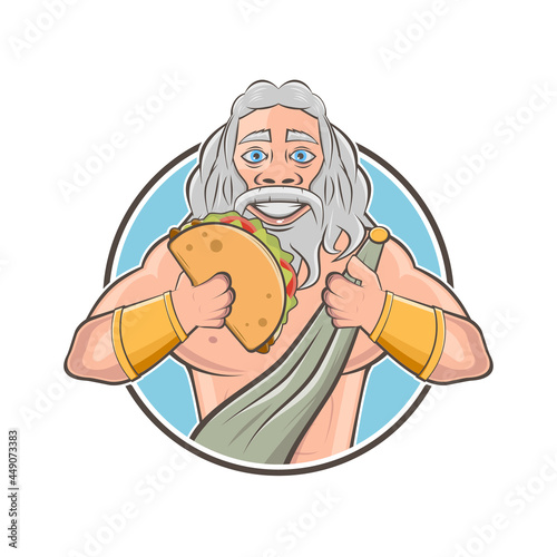 funny cartoon logo of greek god zeus or roman god jupiter with greek specialty gyros