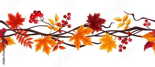 Vector horizontal seamless border with orange and brown autumn leaves and rowanberries.