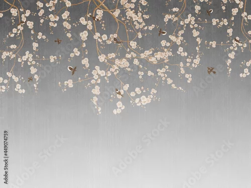 Obraz Vintage photo wallpaper with branches and birds on grey background. Design for wallpaper, photo wallpaper, fresco.