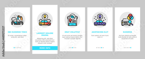 Car Painting Service Onboarding Mobile App Page Screen Vector. Car Painting And Fixing, Plastic Bumper Repair And Paint, Headlight Restoration And Clear Coating Illustrations