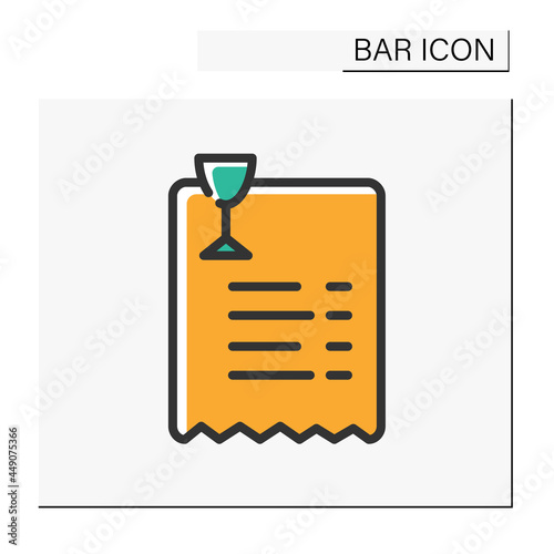 Bar bill color icon. Paper shop receipt. Alcohol store. Payment. Restaurant, pub, bar bill. Cocktail party and drinking establishment concept. Isolated vector illustration