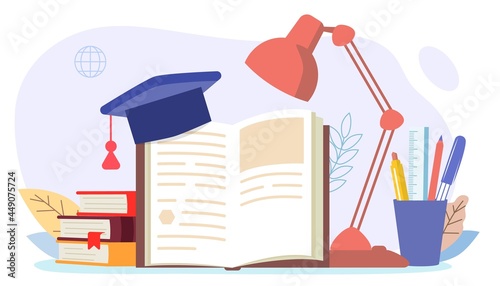 Books and reading set Table lamp with open book and student hat on an isolated white background World Book Day Flat cartoon colorful vector illustration Stack of library books Knowledge and education