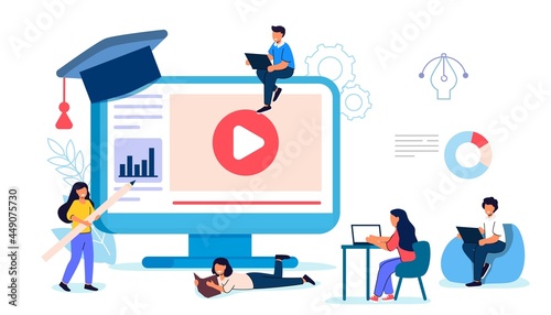 Online courses vector Modern knowledge development using internet training Webinar Distance lesson service Students watching recorded lecture Online education Home schooling Education virtual vlog