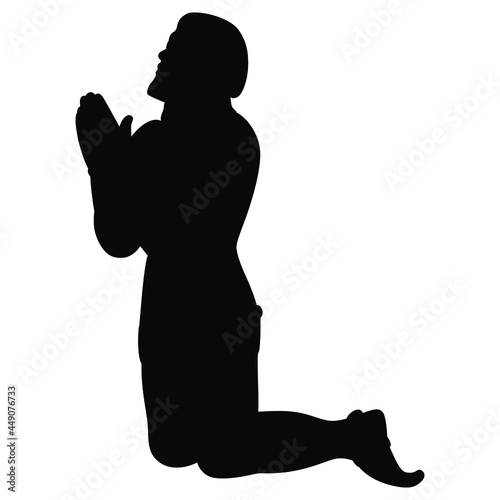 Praying kneeling medieval knight man. Black silhouette on white background.
