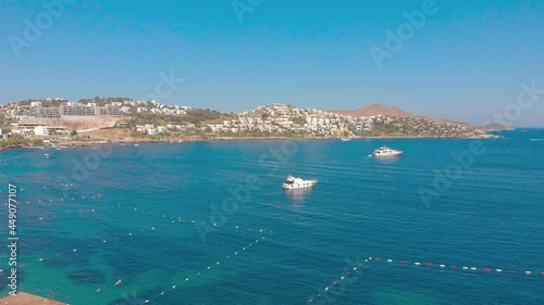 Sea bay with yachts aerial drone view Bodrum Mugla Turkey
