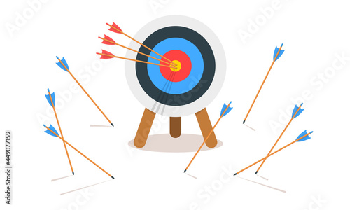 Archery target ring with three hitting bullseye and many missed arrows. Goal achieving idea. Business success and failure symbol. Efficiency and accuracy concept. Vector cartoon illustration.