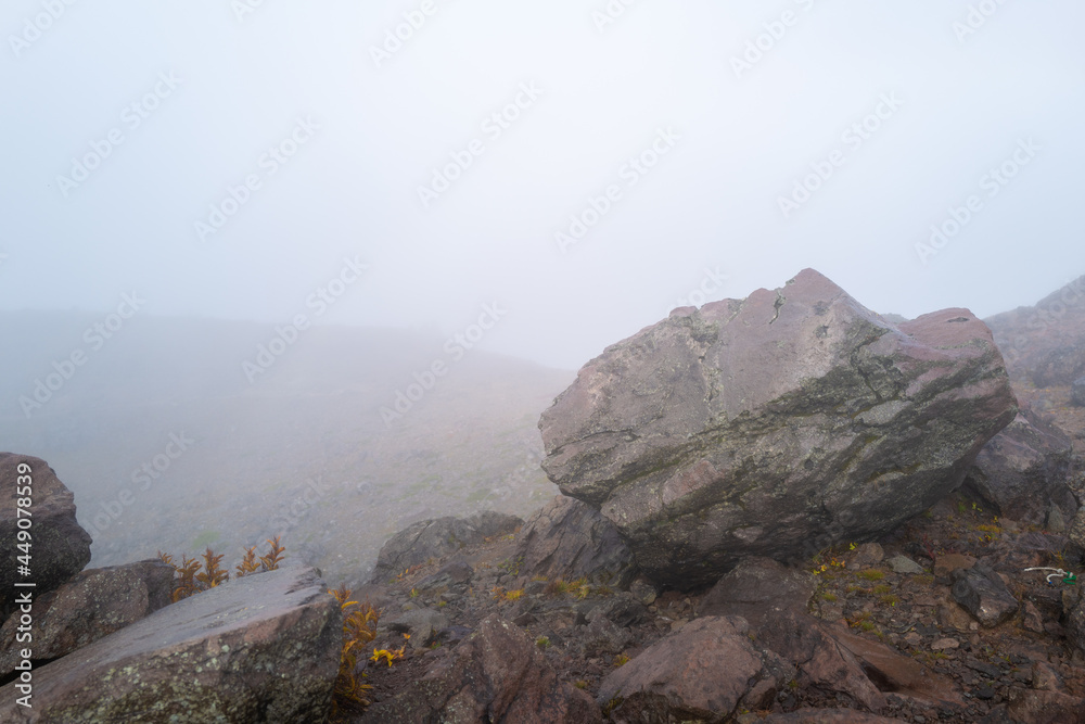 Fototapeta premium 栃木県那須郡那須町の那須岳に霧の中で紅葉を見るために登山している風景 A view of climbing Mt. Nasu in Nasu-machi, Nasu-gun, Tochigi Prefecture, to see the autumn leaves in the fog.