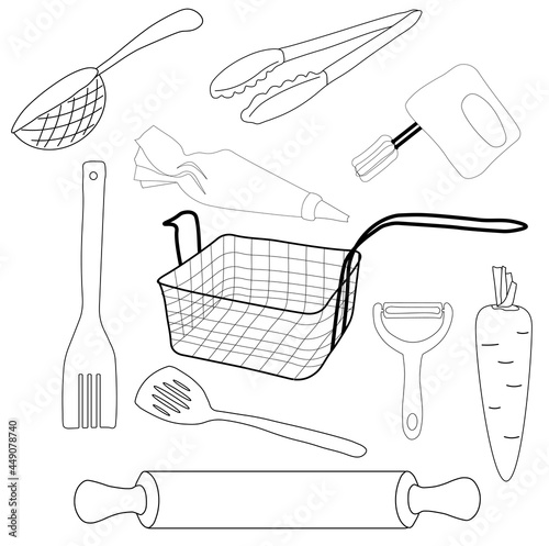 Kitchen utensils vector stock illustration. A set in the doodle style. Deep fryer, vegetable cutter, pastry sleeve, frying spatula, carrots, mixer, colander. Isolated on a white background.