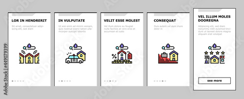 Property Rental Agency Onboarding Mobile App Page Screen Vector. Signing Contract And Payment Of Taxes, Insurance And Inspection Property Rental Agent Service Illustrations